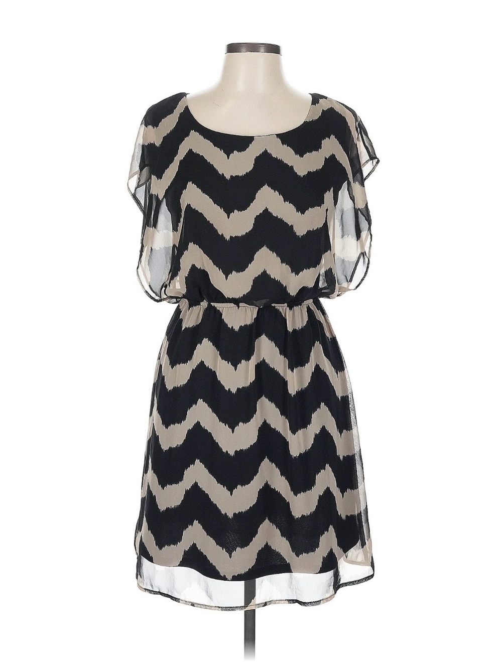 Black & Beige Chevron Chiffon Cold Shoulder Dress | Size L | Flowy Boho